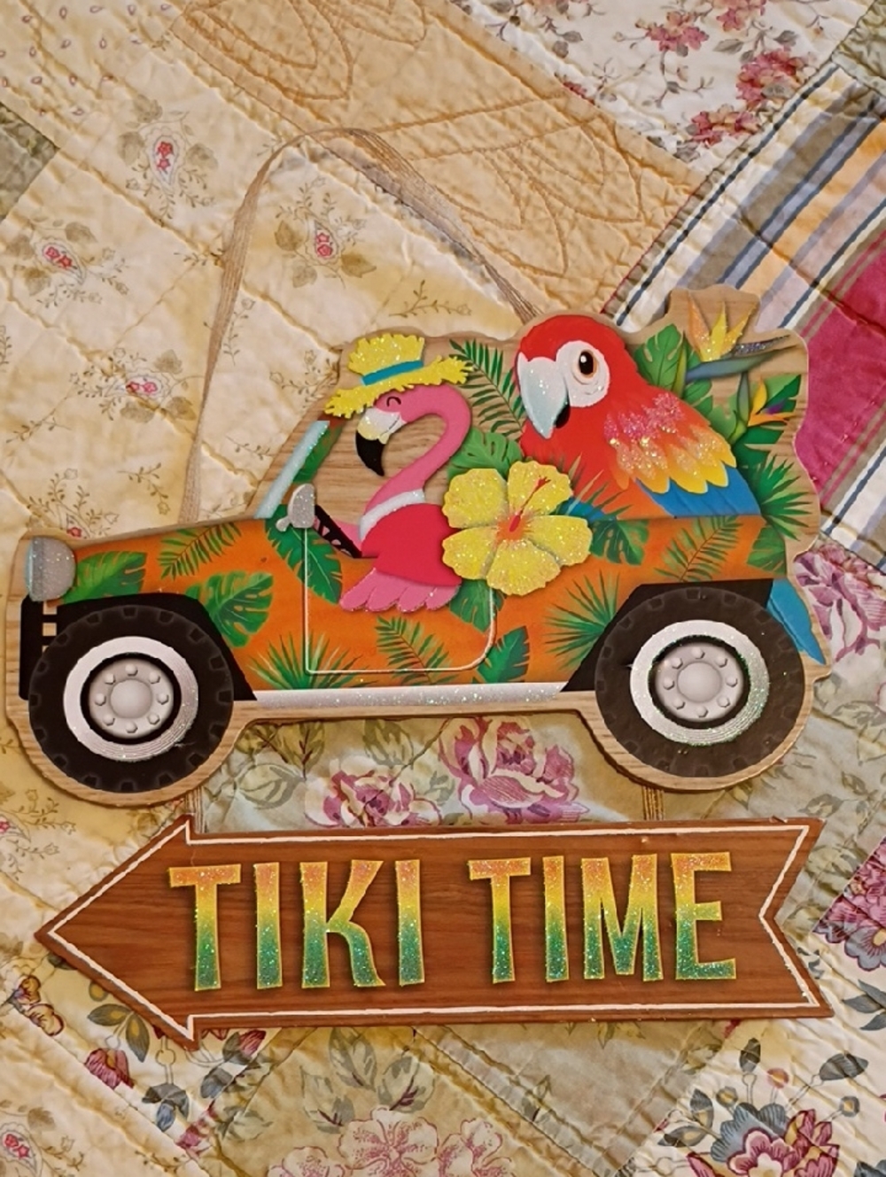Tiki Time Tropical Jeep Wall Sign - Colorful Flamingo & Parrot Decor